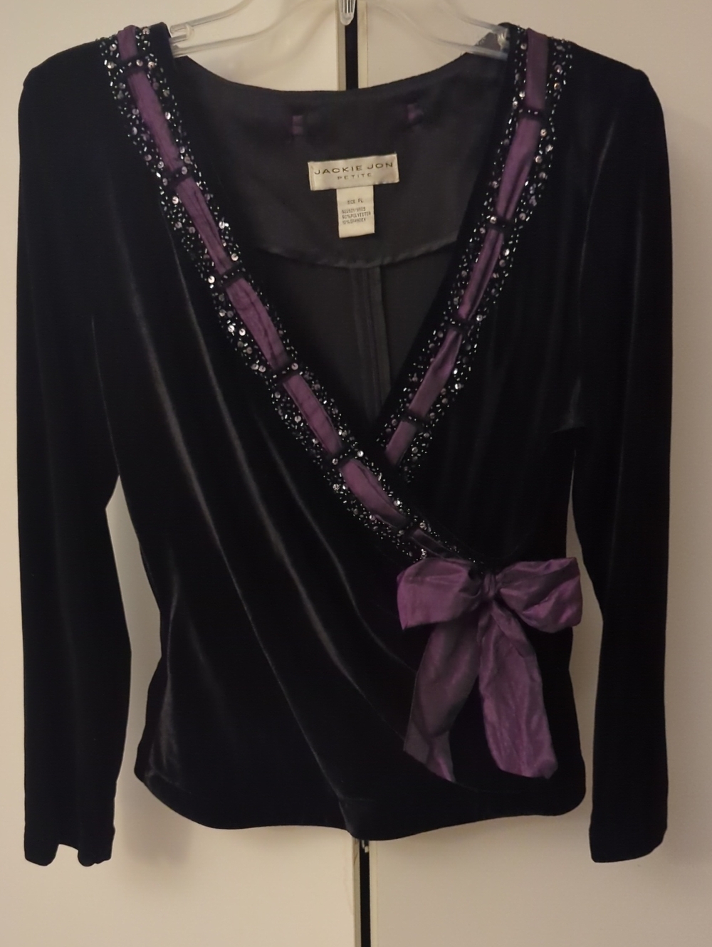 Jackie Jon Black Velvet Wrap Top with Purple Satin Accent Bow. Back Zipper